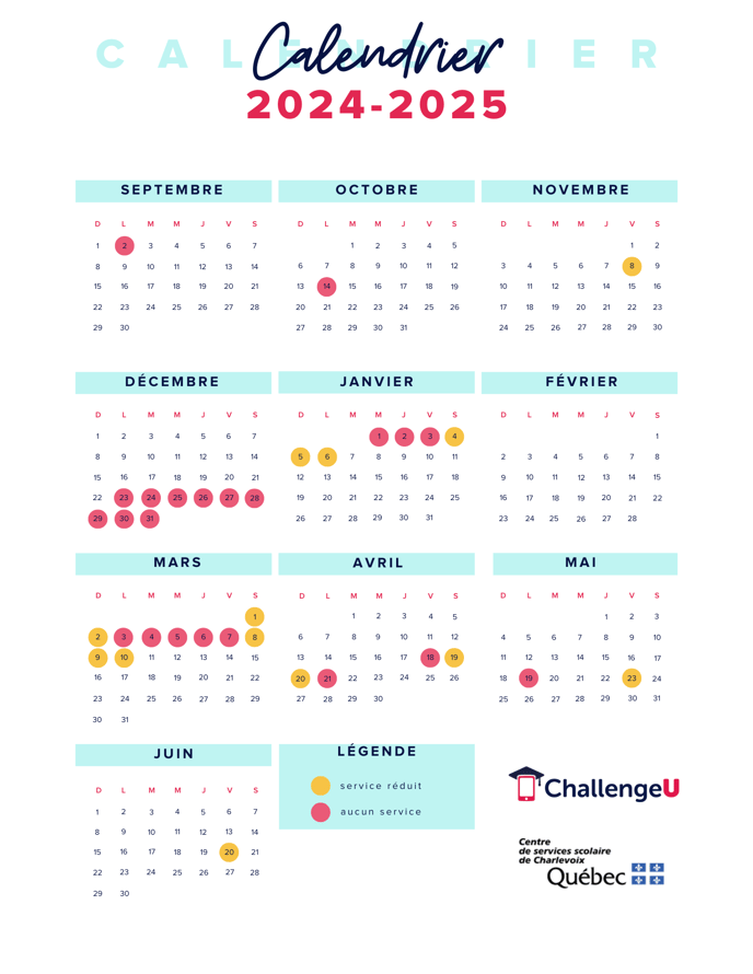 Calendrier scolaire 2024-2025 - CSSDC